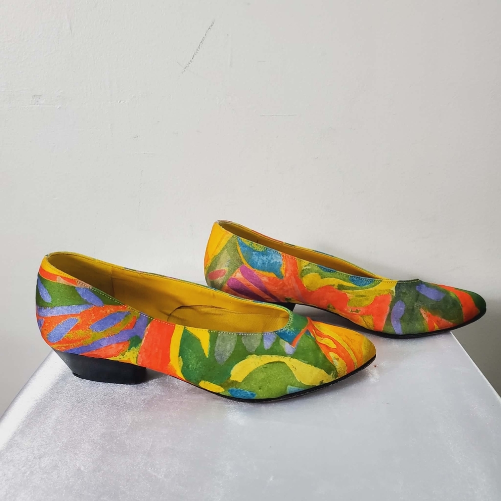 Vintage Colorful Women's Silk High-Heel Pumps Floral Art Design Made In France